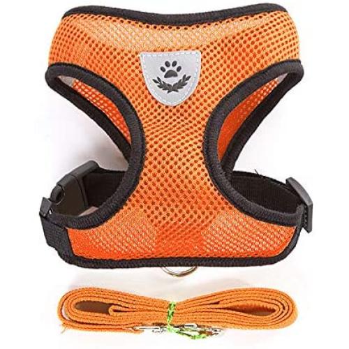 Soft Mesh Dog Harness Vest, Large Dog Harness, Night Reflective Adjustable Mesh Harness with Padded Vest and Leash（Orange）