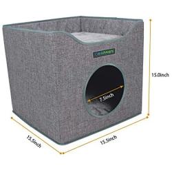 JESPET Foldable Cat Condo, Cat Cube House & Sleepping Bed with Lying Surface and 2 Reversible Cushions, Cat Hiding Place, Cat Cave, Linenette Fabric, Felt and Engineered Wood, Scratch Resistant