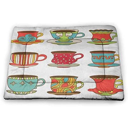 DayDayFun Tea Party Pet Placemat Coffee Bean Kettles and Cupcakes with Heart Frosting on Polka Dotted Background Bite-Resistant Pet Mat Multicolor
