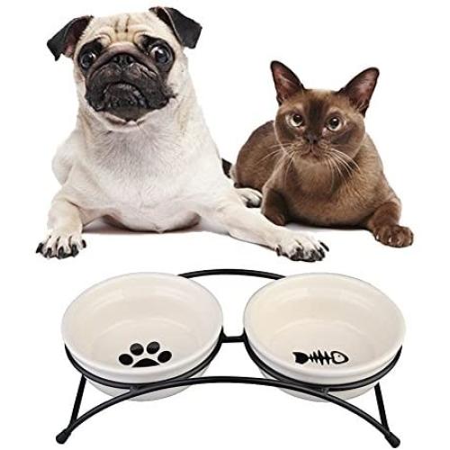 Pet Feeder Double Ceramic Bowl for Small Dogs and Cats