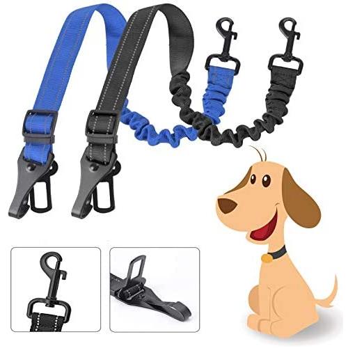 Dog Seat Belt, 2 Packs 3-in-1 Car Harness for Dogs Adjustable Safety Seatbelt for Car Durable Nylon Reflective Bungee Fabric Tether with Clip Hook Latch & Buckle