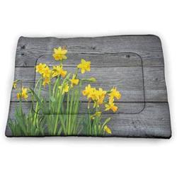 DayDayFun Yellow Flower Pet Mat Abstract Frame Yellow Tulip and Blue Forget Me Knot Blooms Bouquets pet Bed for Crate Mustard Fern Green