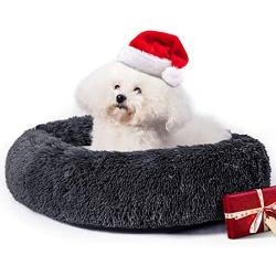 COOLBEBE Dog Bed Cat Bed Donut,Pet Bed Faux Fur Cuddler Round Comfortable for Small Medium Dogs, Extra Soft Velour Fabric Ultra Cozy Calming Bed, Grey, 26''