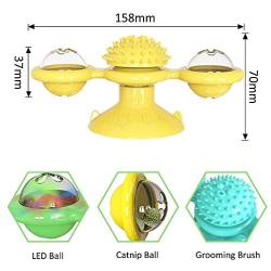 HSONLINE Windmill Cat Toy, Portable Turntable Teasing Toys Pet Training Interactive Balls, Scratching Tickle Cats Hair Brush with Rotating Led Ball & Catnip Ball, Suction Cup Base Pet Toys