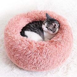 Modern Soft Plush Round Pet Bed for Cats or Small Dogs,Faux Fur Donut Cuddler,Cat beds and Dog beds,Relief and Improved Sleep – Machine Washable, Waterproof Bottom Pet Weight Within 20lbs,Pink Color