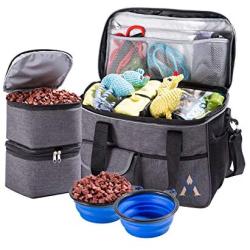 Pet Travel Bag for Dogs & Cats - Tote Organizer Bag for Dog Travel, Airline Approved - Includes Dog Travel Bag, 2 X Collapsible Bowls, 2 X Food Storage Containers by Vuudh (Grey)