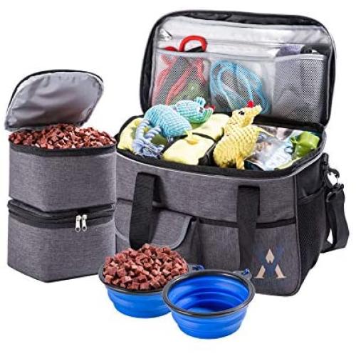 Pet Travel Bag for Dogs & Cats - Tote Organizer Bag for Dog Travel, Airline Approved - Includes Dog Travel Bag, 2 X Collapsible Bowls, 2 X Food Storage Containers by Vuudh (Grey)
