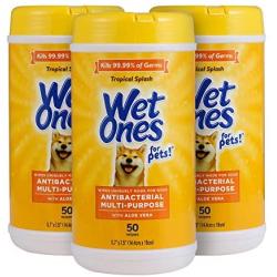 Wet Ones for Pets Antibacterial Multi-Purpose Dog Wipes with Aloe Vera, 50 Count - 3 Pack | Antibacterial Dog Wipes for All Dogs in Tropical Splash, Wet Ones Wipes for Paws & All Purpose (FF12842PCS3)