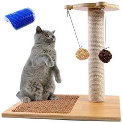 Odoland Cat Scratching Posts with Cat Self Groomer Massage Comb, 1 Sisal Scratch Pole Cat Scratcher with 4 Dangling Ball, Carpeted Base Play Area with Sisal Cat Scratching Pad and Small Perch