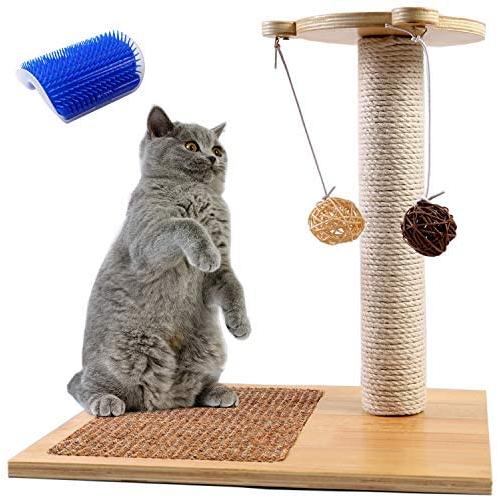 Odoland Cat Scratching Posts with Cat Self Groomer Massage Comb, 1 Sisal Scratch Pole Cat Scratcher with 4 Dangling Ball, Carpeted Base Play Area with Sisal Cat Scratching Pad and Small Perch