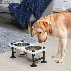 MyGift Vintage White Wood & Industrial Metal Elevated Double Pet Feeder Stand with 2 Stainless Steel Bowls