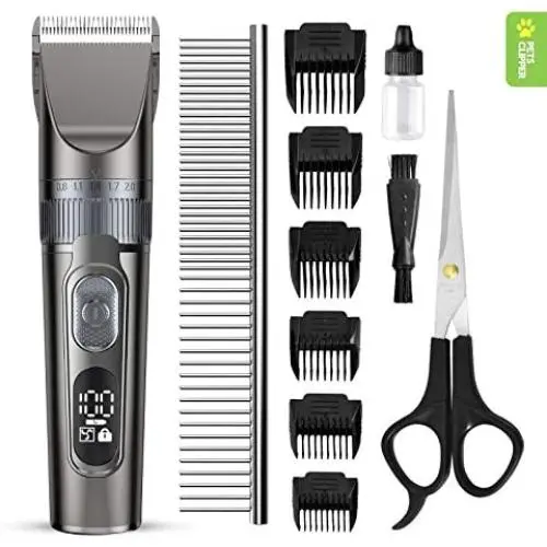 Domipet Dog Clipper for Grooming Professional Rechargeable Cordless Pet Grooming Kit Electric Hair Trimmers Shaver for Dogs Cats Quiet Comb Guides Scissors Cleaning Brush Oil Display Power Safety Lock