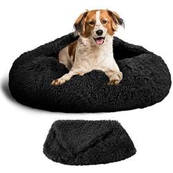 TR pet Calming Donut Dog Bed, Cozy Cat Cuddle Cave Dogs Beds with Removable Blanket, Soft Warming Fluffy Indoor Pets Bed for Small/ Medium/ Large Dogs Cats up to 150 lbs, Machine Washable