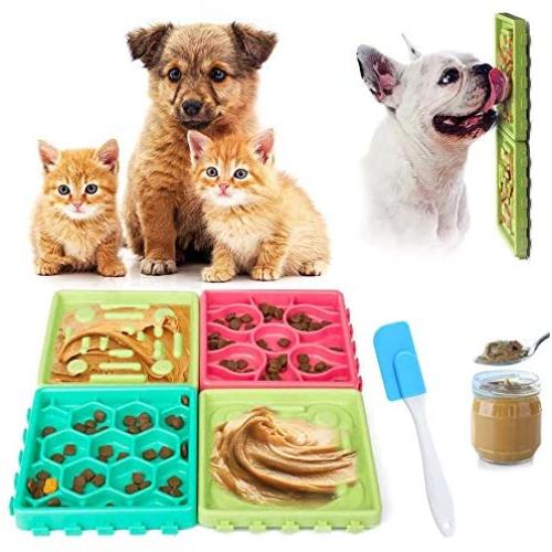 Slow Feeder Dog Bowls, Lick Mat Dog Bowl 4-in-1 Dog Licking Pad with Suction Cup, Silicone Non Slip Dog Lick Bowl with Small Silicone Spatulas for Grooming, Pet Bathing,Training