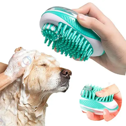 SyoLin 2 in 1 Pet Brush Bath Massage Brush,Shampoo Dispenser for Pet Grooming,Deshedding Soft Silicone Bristles Perfect for Washing,Massaging Hair,Remove Loose Fur (white)