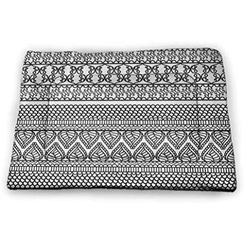 DayDayFun Henna Pet Sleeping Mat Black White Design Floral Elements Monochrome Tattoo Pattern South Pet Mats for Litter Boxes Black White