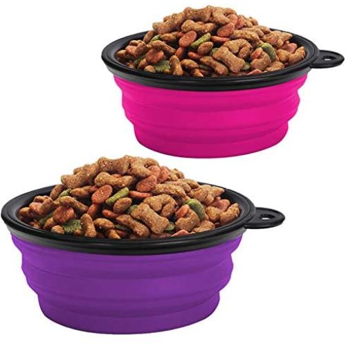 KIQ Pop-up Dog Bowl & Pet Bowl Collapsible Travel Silicone Camping/Hiking/Walking Crate Dish Bowl with Carabiner Clip [2 Cup Set] Travel-Size Folding Dog Portable (Pink/Purple, Large)