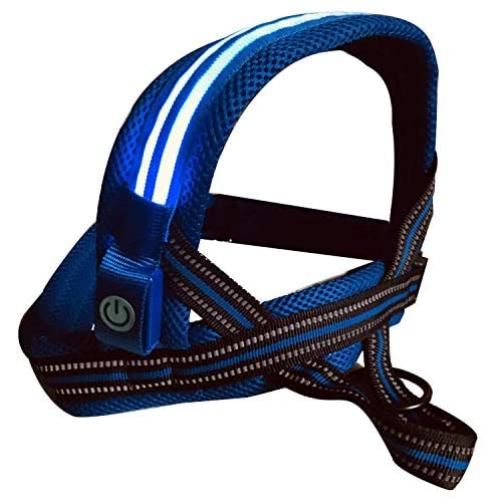 Outdoor Dog Harness with LED chest lights, reflective chest seams, fast slip adjustable clip, no choke / no-pull design for control over extra small (XS), small, medium, large, & extra large(XL) dogs