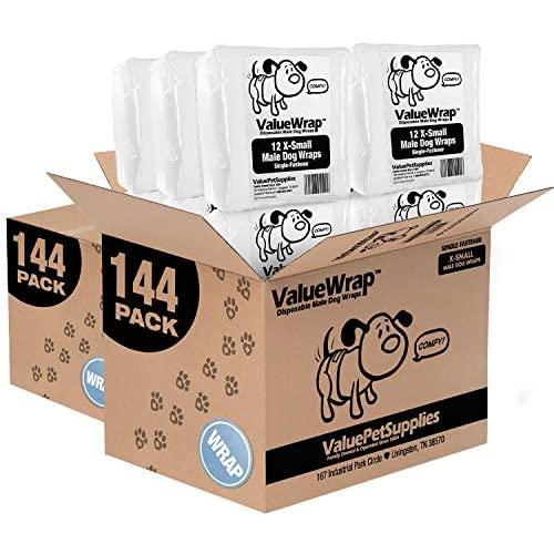 ValueWrap New Disposable Male Dog Diapers, 1-Tab X-Small, 288 Count - Male Wraps, Snag-Free Fastener, Leak Protection, Wetness Indicator