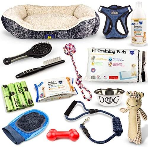 BH Investors New Puppy Starter Kit for Small and Medium Dogs | Dog Kit Includes Puppy Supplies, Chew Toys, Bed, Bowl, Shampoo, Harness and Leash, Grooming Kit, Training Pads - 14 Pack