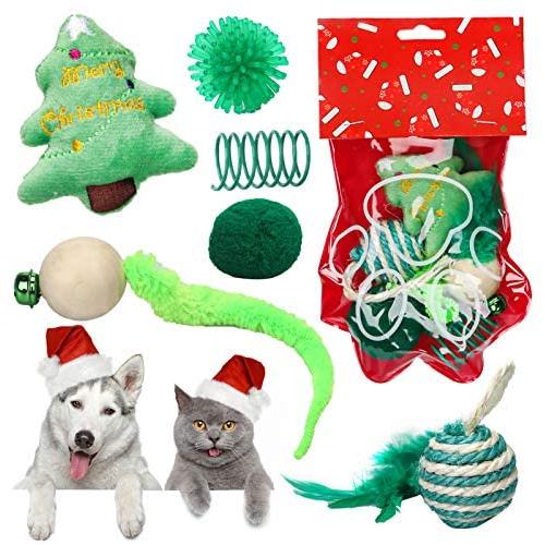 Sanlebi Christmas Cat Toys Stocking - 6 PCS Pet Cat Assorted Indoor Interactive Toys with Bell X-mas Gift Set for Kitten Kitty