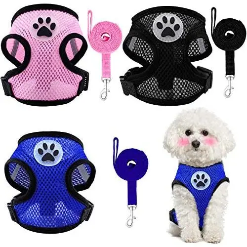 Weewooday 3 Pieces Puppy Harness and Leash Soft Mesh Dog Vest Harness Breathable Dog Vest with Leash No Pull Adjustable Harness for Cats and Puppies (Black, Blue, Pink)