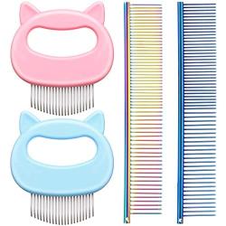 4 Pieces Pet Combs Include 2 Pieces Cat Massage Shell Combs and 2 Pieces 2-in-1 Pet Stainless Steel Grooming Combs Dog Cat Hair Removal Brush Combs for Pet Short and Long Hair