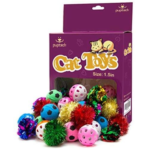 PUPTECK 48 Pack Assorted Color Cat Ball Toy Set - Crinkle Balls, Sparkle Balls, Sponge Soccer Balls, Jingle Balls