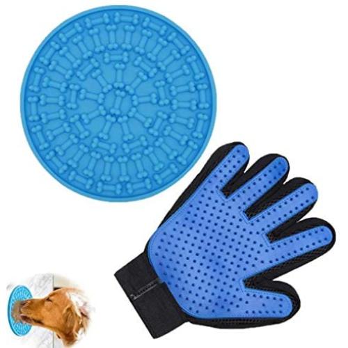 U/D Dog Lick Mat Pet Grooming Glove Set Cat Hair Remover Durable Silicone Distraction Device with Suction Dog Peanut Butter Lick Pad Slow Feeder Lick Pad for Dog Bathing, Grooming and Training
