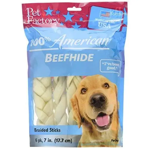 Pet Factory Beefhide Braided Sticks 78105 Made in USA, Handmade, Digestive 7-8” Medium Braids Dog Treats from American Feeder Cattle, Improves Gums & Dental Health (Pack of 6) Resealable Package Pet Factory Beefhide Braided Sticks 78105 Made in USA, Handmade, Digestive 7-8” Medium Braids Dog Treats from American Feeder Cattle, Improves Gums & Dental Health (Pack of 6) Resealable Package