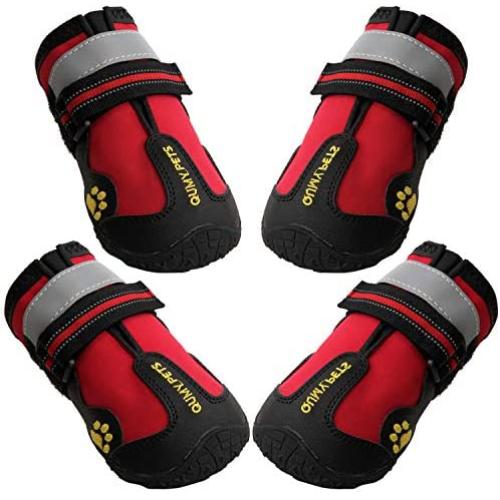 QUMY Dog Boots Waterproof Shoes for Dogs with Reflective Strips Rugged Anti-Slip Sole Black 4PCS