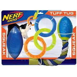 Nerf Dog 3-Piece Dog Toy Gift Set, Includes 7in TPR Classic Squeak Football, 10.5in TPR 3 Ring Tug, and 14.5in TPR 2-Part Nitro Blitz Squeak Football with Rope Tail, Nerf Tough Material, Multicolored