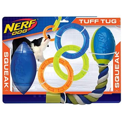 Nerf Dog 3-Piece Dog Toy Gift Set, Includes 7in TPR Classic Squeak Football, 10.5in TPR 3 Ring Tug, and 14.5in TPR 2-Part Nitro Blitz Squeak Football with Rope Tail, Nerf Tough Material, Multicolored