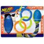 Nerf Dog 3-Piece Dog Toy Gift Set, Includes 7in TPR Classic Squeak Football, 10.5in TPR 3 Ring Tug, and 14.5in TPR 2-Part Nitro Blitz Squeak Football with Rope Tail, Nerf Tough Material, Multicolored