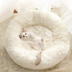 HAITRAL Fluffy Pet Bed- Dog Bed for Small Dogs with Round Donut Shape, Pet Calming Bed for Dogs Cats Rabbit, Warm& Cozy& Machine Washable-23.62 x 23.62 x 1.18 inches, Grey/Dark Grey/White