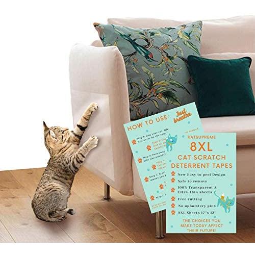 KatSupreme Cat Scratch Deterrent Tape - 8XL Furniture Protector, Clear Double Sided Anti Cat Scratch Training Tapes, Couch Protector, Residue Free - 8XL Sheets of 12x17 inches (Pre Cut)