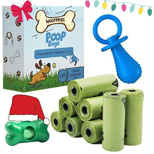 Woofprize 120 dog poop bags + dispenser with leash clip + a doggy chew toy. Strong lemon-scented, Leak-proof, eco friendly , biodegradable pet poo waste bags; 8 rolls/box, 15 poopy bags/roll, each doggie bag is 13 x 9 inch Woofprize 120 dog poop bags + dispenser with leash clip + a doggy chew toy. Strong lemon-scented, Leak-proof, eco friendly , biodegradable pet poo waste bags; 8 rolls/box, 15 poopy bags/roll, each doggie bag is 13 x 9 inch
