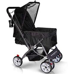 WONDERFOLD P1 Folding Pet Stroller Wagon for Dogs/Cats, 4 Wheels, Zipperless Entry, Storage Basket, Cup Holder