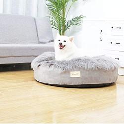 Ushang Pet Premium Faux Long Fur Calming Cuddler Orthopedic Round Dog Sofa Bed, Self-Warming Shag Dog Cushion Donut Bed for Medium & Large Dog (Large 36 inch, Gray)