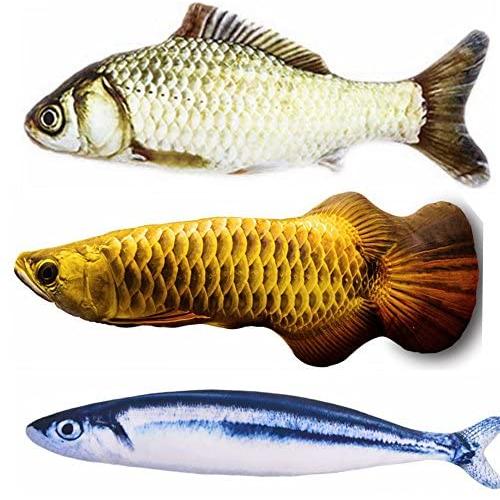 Tomcrazy 3PCS Simulation Fish Cats/Small Puppy Dogs Toys Catnip Pet Sets Doll Interactive Pets Toy Throw PP Cotton Plush Pillow Chew Bite Play Fetch Toy Grass carp Saury Arowana (3-Pack)