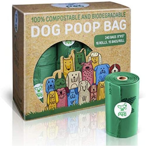 100% Compostable and Biodegradable Poop Bags for Dogs. Vegetable-Based, safe for the environment. BPI-approved. 240 bags 9 x 13 Inches, 16 rolls, 15 bags each roll. (Unscented)