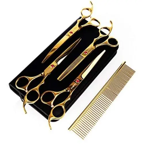 MelPet Professional Dog Grooming Scissors Stainless Steel Dog Shears Kit, Perfect for Face Nose Paw Ears Short Or Long Hair, Including Straight Curved and Thinning Dog Scissors (5 Pcs)