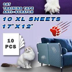 Double Sided Deterrent Training Tape for Cat, 10 XL Sheets of Size 17” x 12” -Translucent Anti-Scratch Tape,Residue Free, Protector All Furniture/Couch/Sofa/Door/Wall/Mattress/Car Seat.