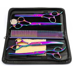 Besmall 7.0inch Titanium Professional Pet Grooming Scissors Set,Straight Thinning Curved Scissors 4pcs Set for Dog Grooming with Comb and Clean Cloth