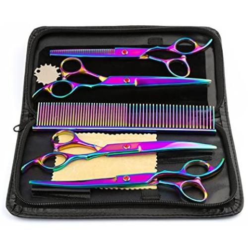 Besmall 7.0inch Titanium Professional Pet Grooming Scissors Set,Straight Thinning Curved Scissors 4pcs Set for Dog Grooming with Comb and Clean Cloth