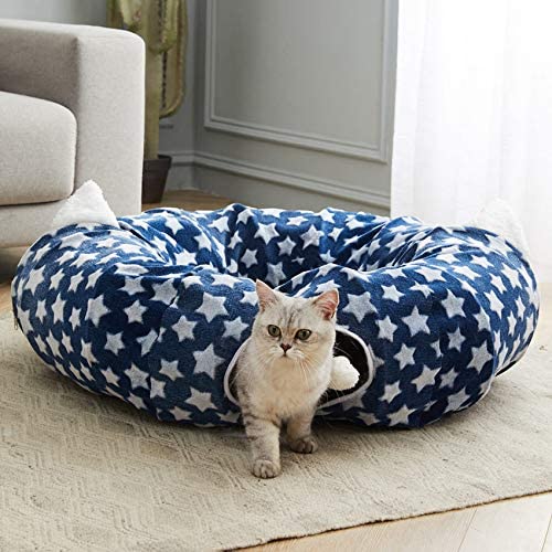 WESTERN HOME WH Cat Tunnel Bed with Soft Mat, Cat Tunnel Toys with Peephole Fun Ball, Cat Tube Bed Tunnel Collapsible 3 Way Kitty Toys for Indoor Pet Kittens, Removable and Washable Dog Cat Maze