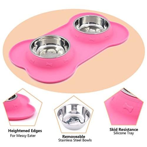 Super Design Stainless Steel Water Food Bowls in Non-Skid & No Spill Silicone Mat,for Small Dogs or Cats, Small, Pink