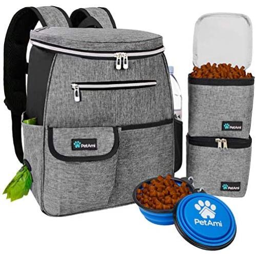 PetAmi Dog Travel Bag Backpack | Backpack Organizer with Poop Bag Dispenser, Multi-Function Pocket, Food Container Bag, Collapsible Bowl | Weekend Pet Travel Set for Hiking Overnight Camping Road Trip