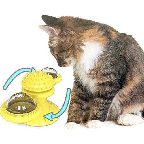 WWYM Spin Windmill Cat Toy, Multifunctional Funny Scratching Cat Hair Brush, Pet Molar Stick- Clean Tooth Brush,Yellow