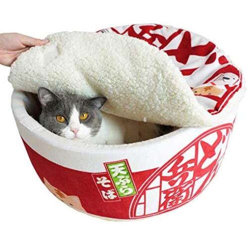 Foldable Cat Bed Pet House Contain Cushion, Instant Noodle Bowl Cat Nest with Lid, Non-Slip Soft Warm, Washable and Scratch-Resistant - for Cats and Small Dogs